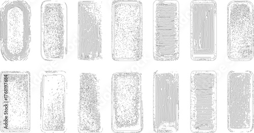 A collection of abstract shapes with varied textured outlines in black and white.