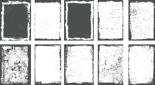 Collection of ten distressed rectangular frames with rough white textured borders on a gray background.
