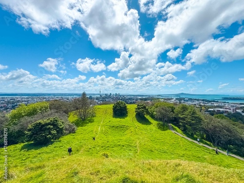 Metropolitan city view from green hill under blue summer sky.