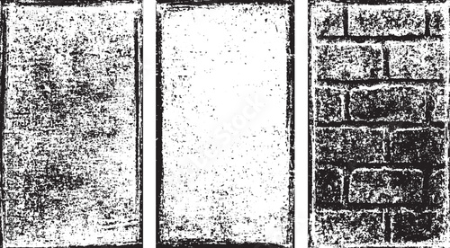 Three vertical panels showing black and white distressed textures and a brick pattern.