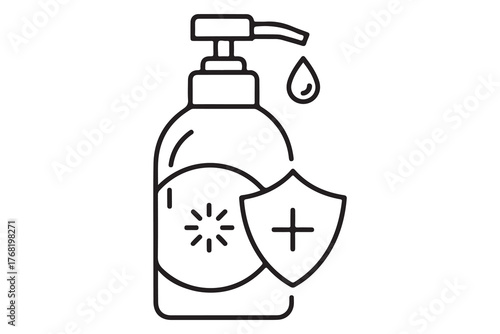 Line art illustration of a hand sanitizer bottle with a shield and drop isolated on white background