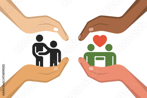 Diverse hands protecting people and community with love and support concept