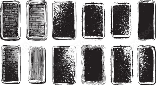 Twelve black rectangular frames with various distressed textures and scratchy borders on a white background.