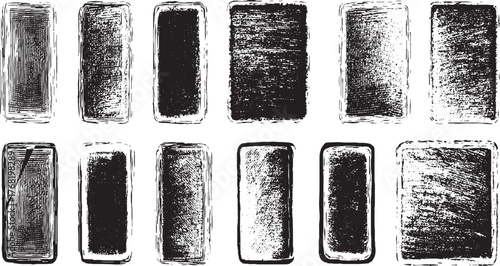 Collection of black grunge textured rectangles with distressed borders on a white background.