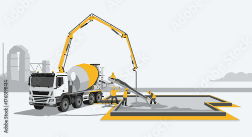 Concrete mixer truck with pump pouring foundation, construction workers