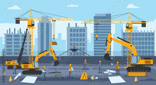 Construction Site with Cranes, Excavators, and Workers