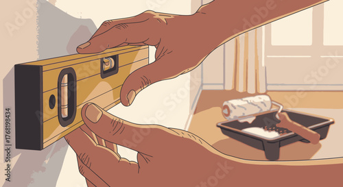 Hands Using a Wooden Level on a Wall for Home Improvement
