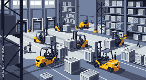 Forklifts and Cargo Boxes in a Warehouse Setting