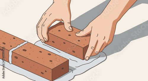 Illustrated hands carefully laying a red brick with mortar for construction.