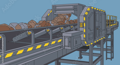 Illustrated Rock Crusher Conveyor Belt System with Safety Markings