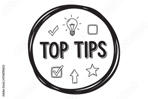 Hand drawn circle with top tips text and icons isolated on white background