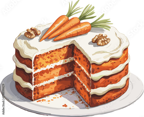 Delicious carrot cake illustration with cream cheese frosting and walnuts, realistic watercolor dessert art, homemade sweet bakery food design