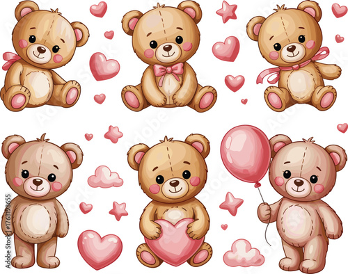 Wallpaper Mural Cute teddy bear illustration set with pink hearts, balloons, clouds, and stars, adorable cartoon design for children and nursery decor Torontodigital.ca