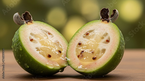 A ripe and juicy green feijoa fruit sliced in half, revealing the aromatic translucent pulp and small seeds, sitting on a wooden surface outdoors