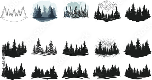 Pine tree forest vector illustration set with abstract textured styles, minimal line art, geometric shapes, gradient layers, decorative nature inspired artwork collection
