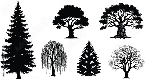 Black tree silhouettes vector illustration set, diverse forest shapes, natural landscape elements, isolated botanical outlines, seasonal foliage, decorative nature design collection