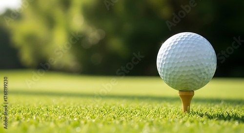 A white golf ball resting on a tee in lush green grass