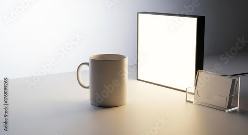 Light therapy lamp for seasonal affective disorder on a modern desk with a mug.
