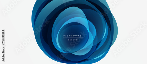 Abstract blue layers create circular design. Gradient shades suggest depth, modern aesthetic. Minimalist style, clean composition.