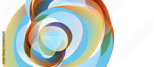 Abstract colorful layers create dynamic circular design. Smooth gradients blend, forming modern visual element. Bright hues dominate composition.