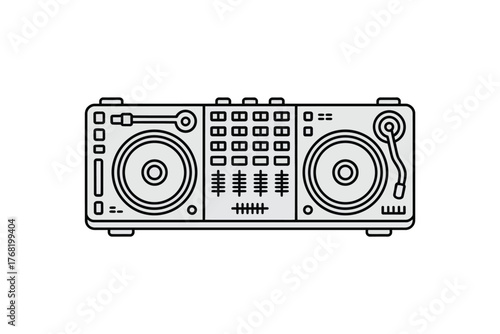 Illustration of a dj mixer with two turntables and multiple knobs and sliders