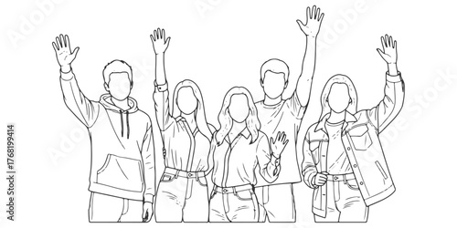 CAD Drawing. Outline Set of students standing with raised arms celebrating achievement isolated on white background. Front view. Vector illustration.