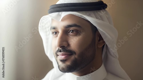 Portrait of a distinguished man in traditional attire, soft lighting, and focused expression