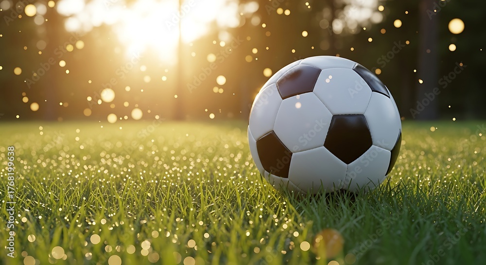 Naklejka premium A classic soccer ball rests in lush green grass illuminated by sunlight