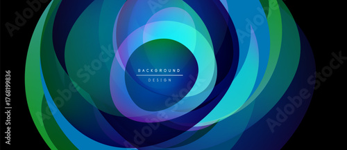 Abstract colorful layers create dynamic circular design. Gradient hues blend, forming modern visual effect. Text reads background design.