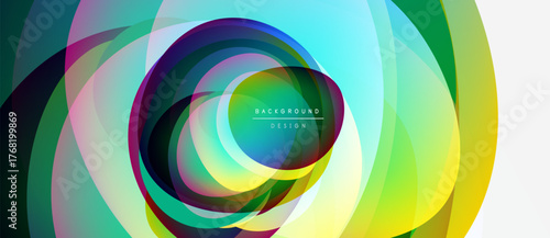 Abstract colorful layers create dynamic circular pattern. Vibrant hues blend, forming modern design element. Smooth gradients suggest movement, depth.