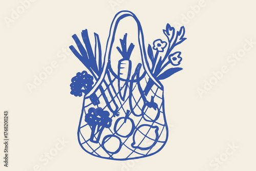 eco bag with groceries sketch blue brush line vector illustration