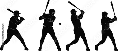 Baseball batter silhouette, swing sequence, hitting motion, sports action, vector illustration, athletic pose, black figure, training concept, dynamic movement, ball contact