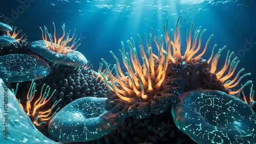 abstract glowing neuron structures underwater