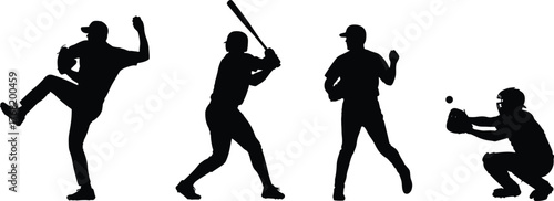 Baseball silhouettes, pitcher throwing, batter ready, catcher crouching, fielder posing, dynamic sports action, athletic movement, team roles, vector illustration, black figures