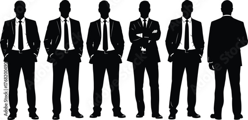 Businessman silhouette set, formal suit poses, crossed arms, hands in pockets, back view, professional attire, vector illustration, black figures, corporate stance