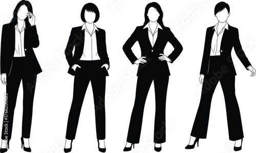 Female business silhouettes, professional attire poses, blazer and trousers outfit, high heels, black vector illustration, corporate fashion, confident stance icons