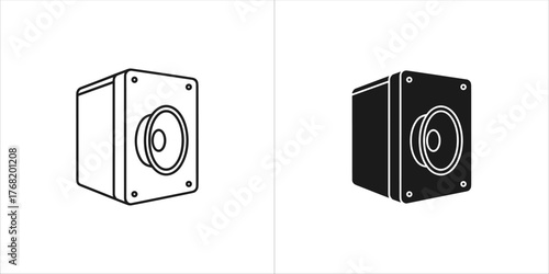 A simple line art and silhouette icon of a single speaker