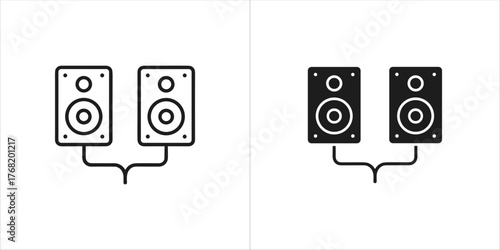 A simple line art and silhouette icon of two connected speakers