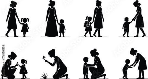 Parent and child silhouette set, black vector illustration, nurturing poses, emotional connection, caregiving moments, educational interaction, family bonding, supportive gestures