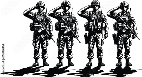 Soldier silhouettes saluting, military uniform, tactical gear, rifle pose, black vector illustration, combat stance, ceremony respect, army personnel icons