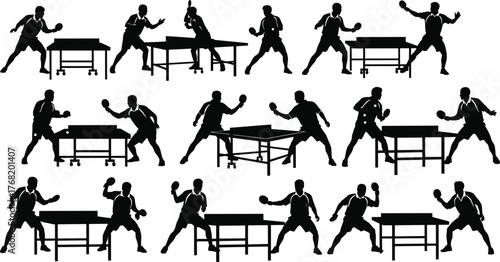 Table tennis player silhouettes, black vector illustration, dynamic paddle poses, sport action stances, ping pong match scenes, competitive gameplay icon set