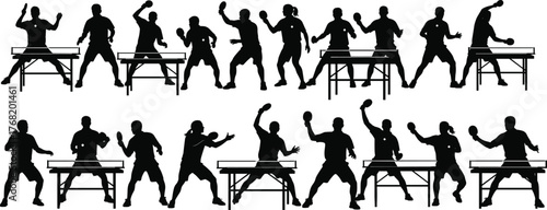 Table tennis silhouette set, black vector illustration, players in action, serving, rallying, returning shots, fast-paced movement, sports icon, ping pong match