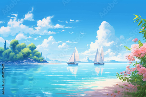 tropical beach with boat and clear sea water vector illustration for travel and summer vacation concept