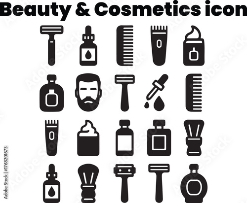 Male Grooming and Shaving Tools Black and White Vector Icons
