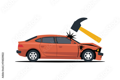Orange car with damage to the front and roof being hit by a yellow hammer tool