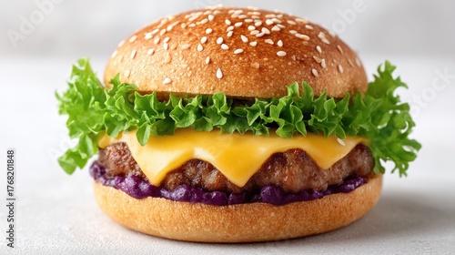 Wallpaper Mural Delicious Gourmet Cheeseburger With Sesame Seed Bun Melted Yellow Cheese Fresh Green Lettuce And Savory Beef Patty On A White Textured Background Torontodigital.ca
