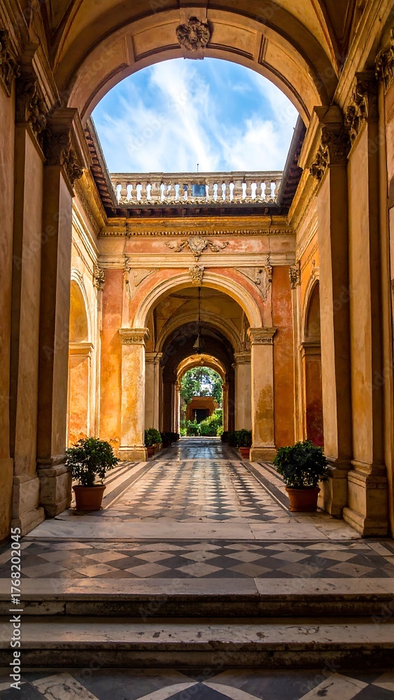 Fototapeta premium Sunny colonnade, arches, and courtyard