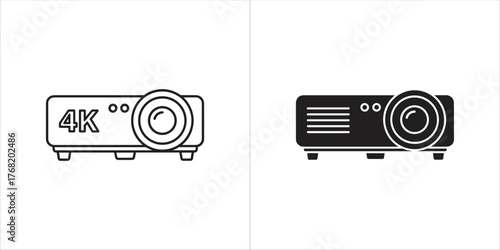 Two projector icons, one line art with 4k text, one solid black