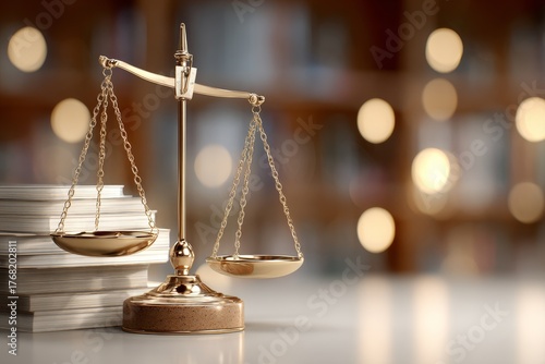 An image of the scales of justice with stacks of papers, symbolizing legal balance and fairness in the legal field.