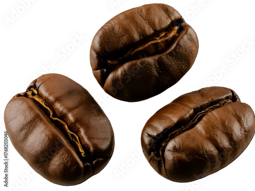 Three roasted coffee beans showing rich brown color and texture isolated on transparent background